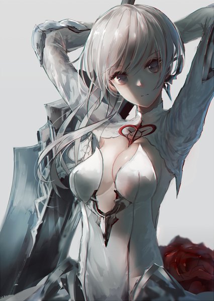 Anime picture 906x1277 with sinoalice snow white (sinoalice) swav single tall image looking at viewer fringe breasts light erotic simple background holding cleavage upper body ponytail long sleeves grey background shadow grey eyes arms behind head girl
