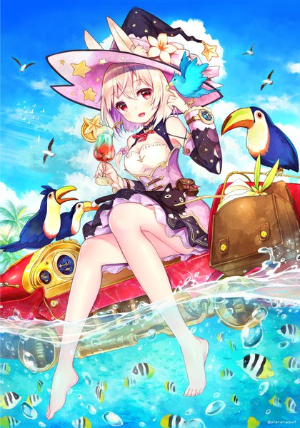 Anime picture 1200x1714 with original pierorabu tall image blush fringe short hair open mouth blonde hair smile hair between eyes red eyes sitting animal ears looking away sky cleavage full body bent knee (knees) :d barefoot