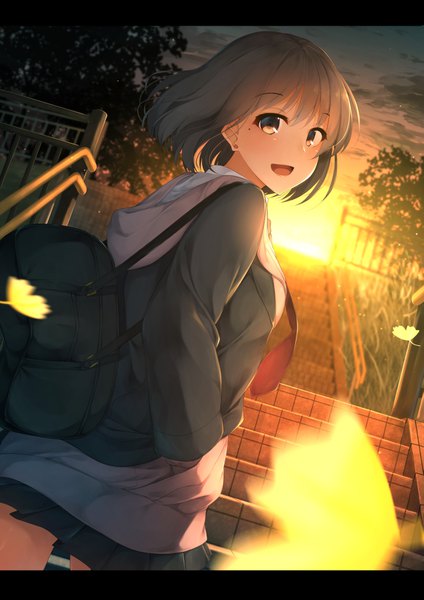 Anime picture 1157x1637 with original waterdog single tall image looking at viewer blush short hair open mouth brown hair brown eyes mole mole under eye evening sunset letterboxed hands in pockets girl skirt miniskirt necktie