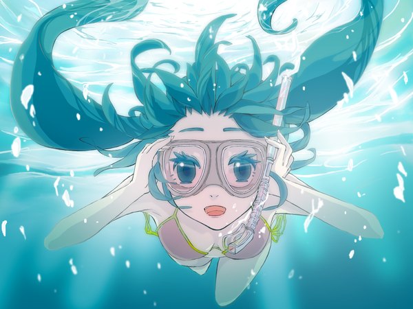 Anime picture 1600x1200 with vocaloid hatsune miku single open mouth twintails aqua eyes aqua hair underwater swimming girl swimsuit bikini glasses side-tie bikini diving mask snorkel