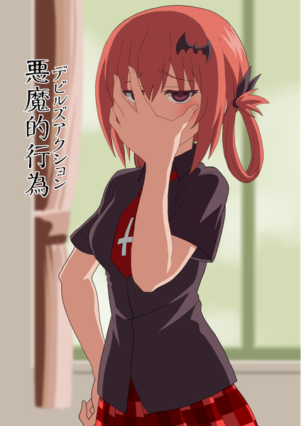 Anime picture 819x1158 with gabriel dropout doga kobo satanichia kurumizawa mcdowell knives (knives777) single long hair tall image fringe hair between eyes red eyes looking away red hair inscription hand on hip hand on face hair rings girl window hairclip