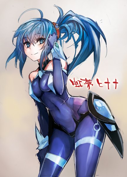 Anime picture 1079x1500 with original nijiyume hinana taishi (picchiridou) single long hair tall image looking at viewer blush blue eyes smile bare shoulders blue hair ahoge ponytail leaning leaning forward character names adjusting hair sketch borrowed character