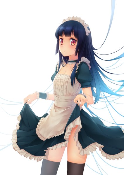 Anime picture 2430x3437 with original tagme (artist) single long hair tall image looking at viewer fringe highres simple background smile standing white background blue hair cleavage maid orange eyes girl thighhighs black thighhighs frills