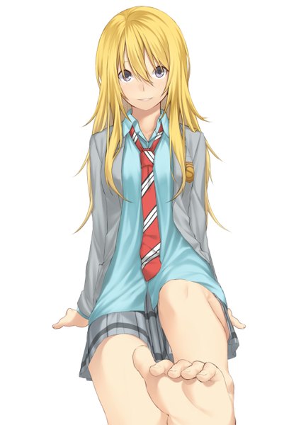 Anime picture 1000x1412 with shigatsu wa kimi no uso a-1 pictures miyazono kaori mikazuchi zeus single long hair tall image blue eyes simple background blonde hair white background bare legs girl skirt uniform school uniform shirt necktie blue shirt