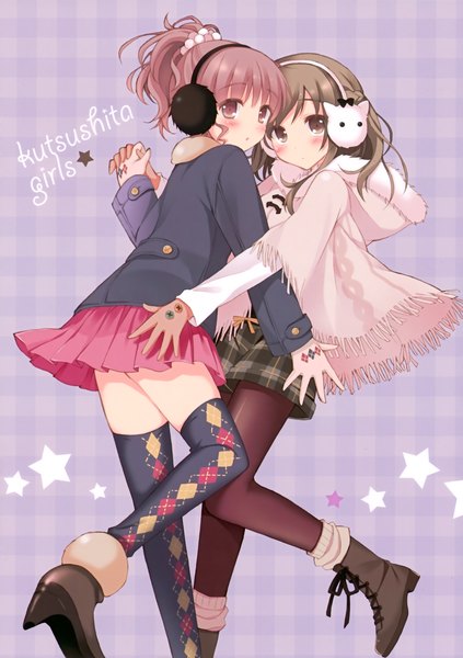 Anime picture 2116x3000 with original pan (mimi) tall image looking at viewer blush highres short hair red eyes brown hair multiple girls brown eyes pink hair holding hands plaid plaid background girl thighhighs skirt gloves black thighhighs