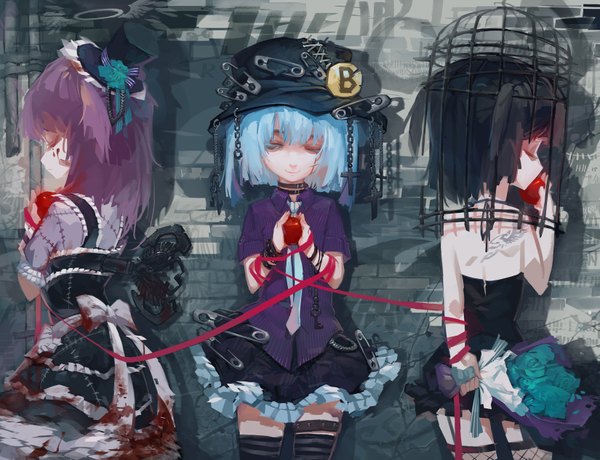 Anime picture 1650x1265 with original rained (artist) short hair black hair smile multiple girls blue hair purple hair tattoo back crying bandaid on face girl thighhighs dress flower (flowers) bow ribbon (ribbons) hat necktie