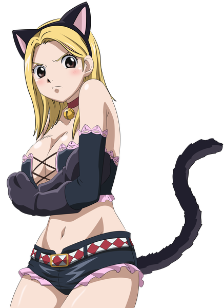 Anime picture 2219x3042 with fairy tail lucy heartfilia single long hair tall image blush highres breasts light erotic blonde hair brown eyes animal ears cat ears midriff cat tail transparent background vector girl navel shorts