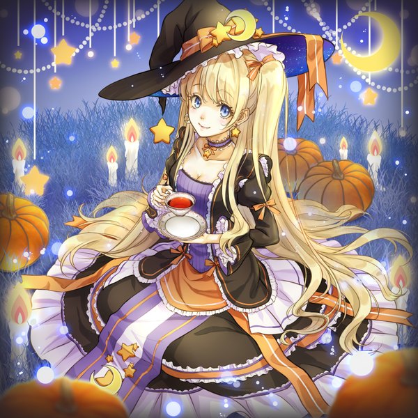 Anime picture 3500x3500 with original syrinxwell311 single looking at viewer highres blue eyes blonde hair smile absurdres very long hair halloween witch girl dress hat star (symbol) witch hat cup candle (candles)