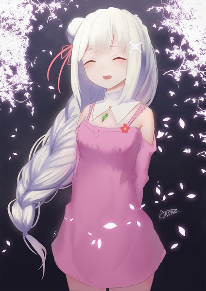 Anime picture 778x1100 with re:zero kara hajimeru isekai seikatsu white fox emilia (re:zero) anone single long hair tall image blush fringe open mouth simple background smile standing signed payot silver hair braid (braids) eyes closed long sleeves hair flower