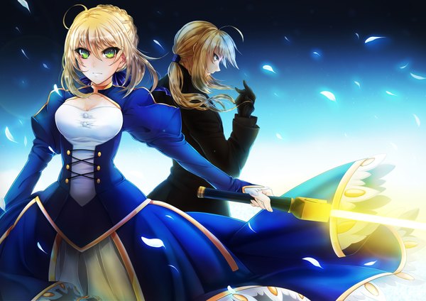 Anime picture 1771x1254 with fate (series) fate/stay night fate/zero studio deen type-moon artoria pendragon (all) saber miyako (artist) highres short hair blonde hair multiple girls green eyes ahoge ponytail dual persona formal girl dress gloves