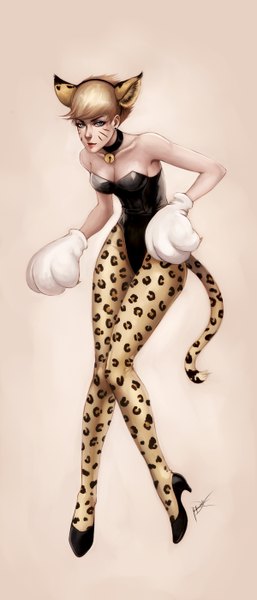 Anime picture 1200x2800 with original ninjatic single tall image short hair breasts simple background blonde hair bare shoulders signed animal ears animal tail aqua eyes animal print leopard print girl gloves earrings choker bell