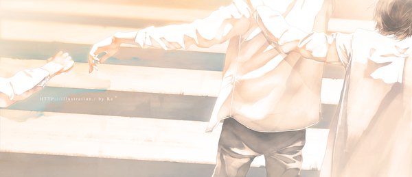 Anime picture 1429x617 with original re (artist) short hair wide image outdoors long sleeves from behind blurry multiple boys depth of field hand on another's shoulder street crosswalk boy shirt white shirt pants 3 boys