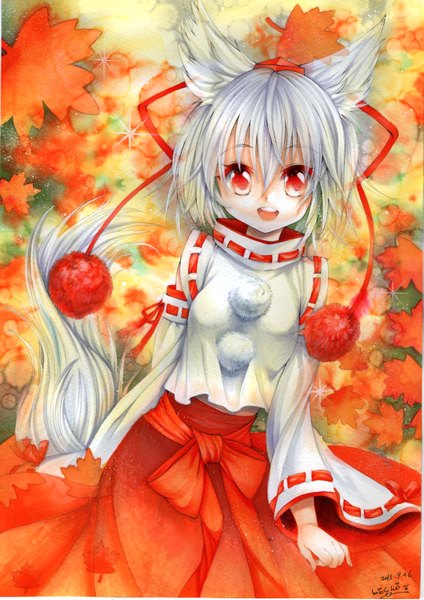 Anime picture 1059x1500 with touhou inubashiri momiji mosho single tall image looking at viewer short hair open mouth red eyes signed animal ears white hair tail traditional clothes japanese clothes animal tail wolf ears wolf tail traditional media watercolor (medium)