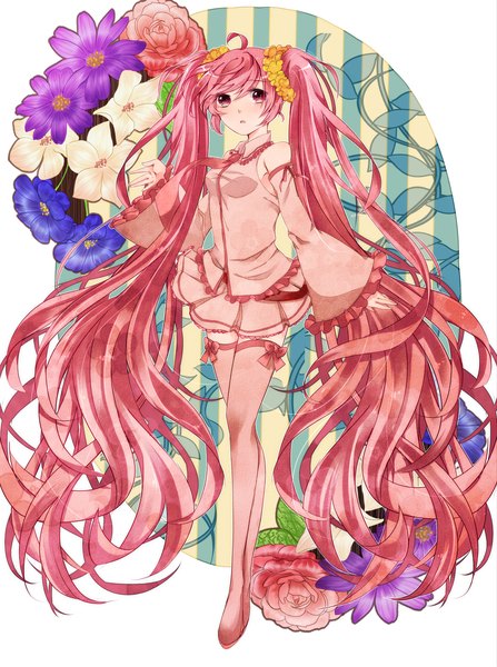Anime picture 1231x1652 with vocaloid hatsune miku sakura miku yua (ibara1211) single tall image red eyes twintails bare shoulders ahoge red hair very long hair girl hair ornament flower (flowers) bow detached sleeves necktie thigh boots