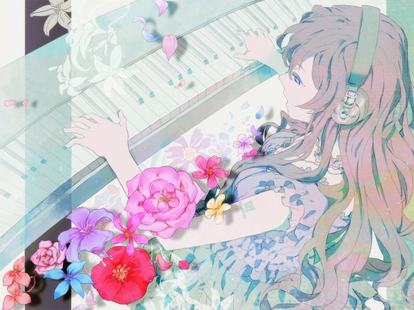 Anime picture 1352x1014 with vocaloid megurine luka kazune (baumkuchen) single long hair blue eyes pink hair girl dress flower (flowers) petals headphones piano