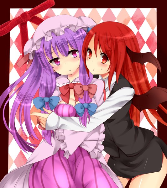 Anime picture 2024x2280 with touhou patchouli knowledge koakuma mimoto (aszxdfcv) long hair tall image highres red eyes purple eyes multiple girls purple hair red hair hug head wings girl dress skirt bow 2 girls hair bow