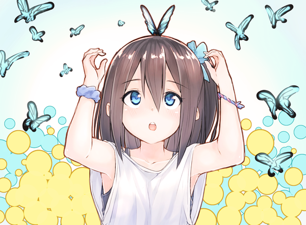 Anime picture 1200x883 with original suzunari shizuku yuki arare single long hair blush fringe blue eyes simple background hair between eyes brown hair sitting upper body arms up :o sleeveless one side up looking up blue background wrist scrunchie