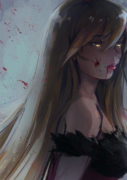 Anime picture 1000x1415 with kizumonogatari shaft (studio) monogatari (series) kissshot acerolaorion heartunderblade k (sktchblg) single long hair tall image fringe breasts open mouth simple background blonde hair hair between eyes bare shoulders yellow eyes looking away upper body realistic grey background
