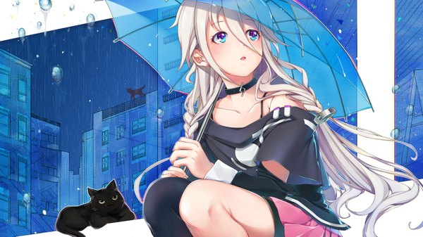 Anime picture 1800x1013 with vocaloid ia (vocaloid) megumoke long hair looking at viewer blush fringe highres blue eyes wide image sitting bare shoulders holding looking away bent knee (knees) white hair lying braid (braids) pleated skirt night
