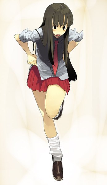 Anime picture 695x1200 with original hama2224 single long hair tall image looking at viewer blush fringe open mouth simple background brown hair standing bent knee (knees) pleated skirt black eyes standing on one leg hands on hips girl skirt uniform