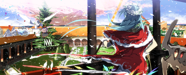 Anime picture 2500x1010 with pokemon touhou nintendo hinanawi tenshi nagae iku siirakannu long hair highres red eyes wide image multiple girls blue hair sky purple hair cloud (clouds) city flying girl dress 2 girls