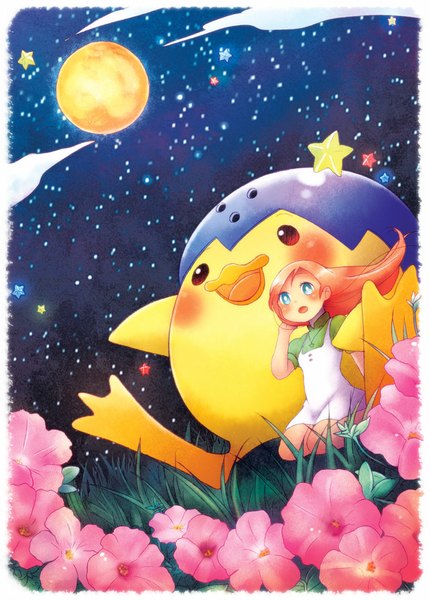 Anime picture 770x1074 with doraemon riruru pippo shinryou rei long hair tall image blush open mouth blue eyes sitting red hair wind night night sky border looking up girl flower (flowers) animal bird (birds)