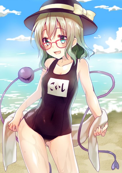 Anime picture 1000x1412 with touhou komeiji koishi hijiri-ssh single tall image looking at viewer blush highres short hair open mouth light erotic smile bare shoulders green eyes sky silver hair cloud (clouds) wet beach girl