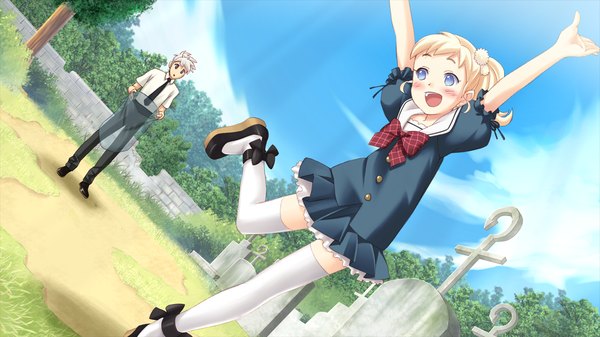 Anime picture 1280x720 with tsubasa o kudasai (game) blush short hair open mouth blue eyes blonde hair wide image game cg sky cloud (clouds) white hair loli girl thighhighs boy plant (plants) white thighhighs tree (trees) serafuku cemetery