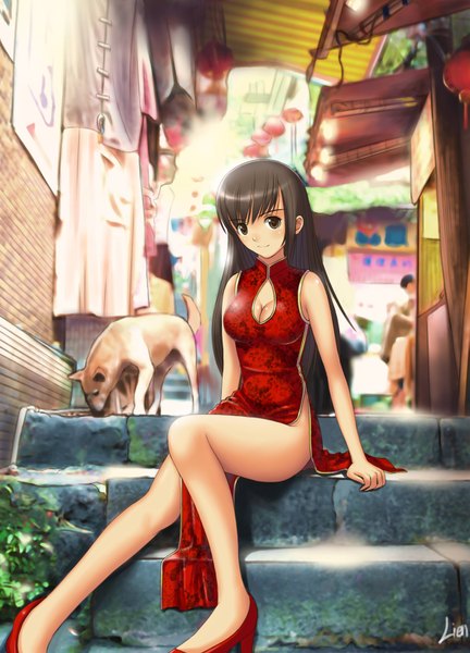 Anime picture 1245x1730 with original xiao lian long hair tall image looking at viewer blush breasts light erotic smile brown hair sitting brown eyes alley girl dress plant (plants) animal building (buildings) red dress stairs