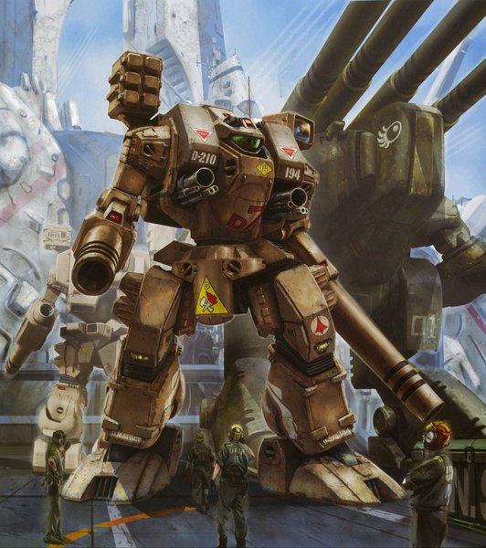 Anime picture 2837x3200 with macross choujikuu yousai macross sdf-1 monster destroid tomahawk (destroid) tenjin hidetaka tall image highres realistic official art multiple boys city science fiction arm cannon oldschool machine gun soldier 80s boy gloves