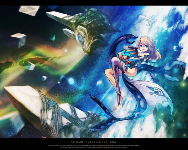 Anime picture 1280x1024 with original rel single blue eyes blonde hair smile bare shoulders cloud (clouds) barefoot hug flying space girl star (stars) planet obelisk