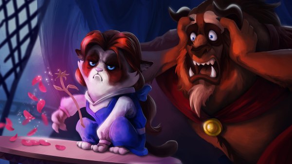 Anime picture 2560x1440 with beauty and the beast disney belle (beauty and the beast) grumpy cat tsaoshin long hair looking at viewer highres open mouth blue eyes brown hair wide image sitting looking away horn (horns) teeth fang (fangs) frown parody scared