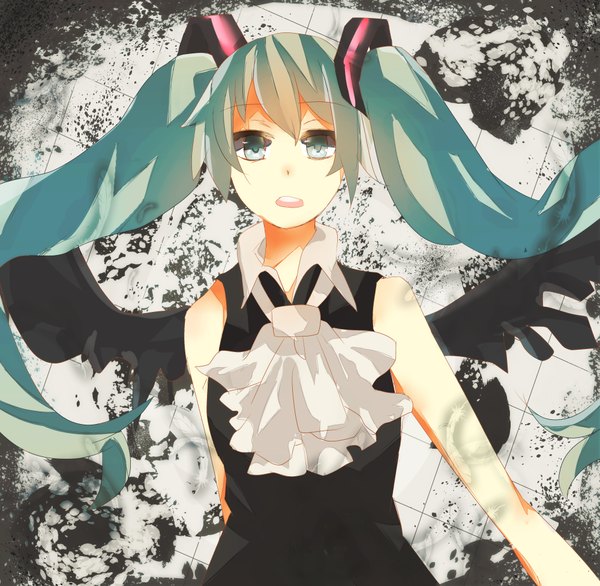 Anime picture 4000x3908 with vocaloid hatsune miku haruki 358 single long hair looking at viewer fringe highres open mouth twintails bare shoulders absurdres aqua eyes aqua hair black wings girl dress wings feather (feathers) neckerchief