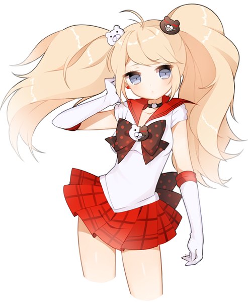 Anime picture 670x816 with bishoujo senshi sailor moon dangan ronpa toei animation enoshima junko monokuma uttao single long hair tall image blush blue eyes simple background blonde hair white background twintails looking away ahoge sailor collar sailor senshi (cosplay) girl