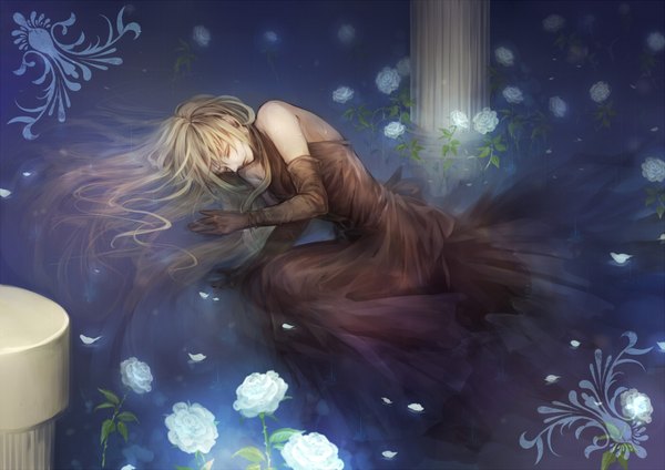 Anime picture 2000x1416 with original senano-yu single long hair highres blonde hair lying eyes closed realistic girl dress gloves flower (flowers) petals water elbow gloves rose (roses) pillar column
