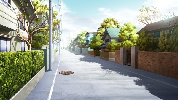 Anime picture 2560x1440 with yaneura no kanojo dp minase (artist) highres wide image game cg sky cloud (clouds) no people plant (plants) tree (trees) house road