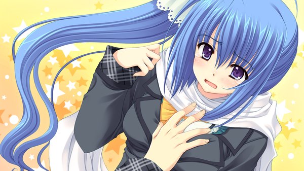 Anime picture 1280x720 with world wide love! (game) munemoto tsubakiko long hair wide image purple eyes blue hair game cg ponytail tears girl