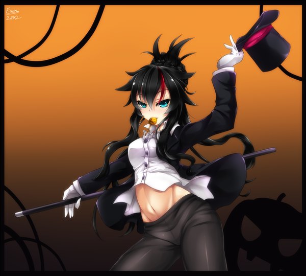 Anime picture 1498x1350 with original fi-san single long hair blue eyes black hair halloween girl navel hat shirt lollipop cane