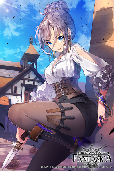 Anime picture 700x1050 with gyakushuu no fantasica sorolp single tall image looking at viewer fringe short hair blue eyes standing sky silver hair parted lips sunlight official art hair bun (hair buns) copyright name watermark standing on one leg underbust 2016