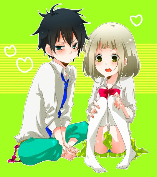 Anime picture 916x1031 with ao no exorcist a-1 pictures okumura rin moriyama shiemi tagme (artist) tall image blush short hair open mouth blue eyes light erotic black hair simple background blonde hair sitting green eyes looking away pointy ears pantyshot pantyshot sitting