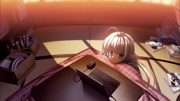 Anime picture 1278x718 with supipara kamishiro alice nanao naru long hair red eyes wide image game cg silver hair ahoge girl laptop