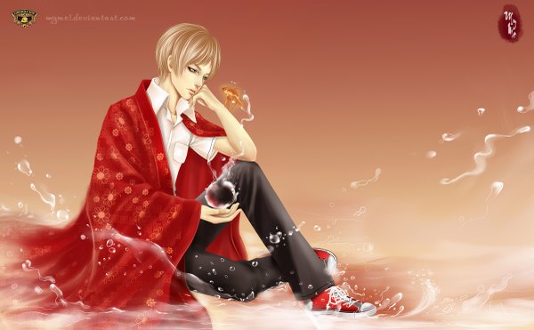 Anime picture 1200x743 with natsume yuujinchou brains base (studio) natsume takashi myme1 single short hair blonde hair wide image realistic arm support magic clothes on shoulders boy shirt water pants fish (fishes) sneakers splashes