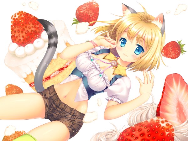 Anime picture 1200x900 with original touto seiro single blush short hair blue eyes blonde hair animal ears cat ears cat girl cat tail girl navel food shorts berry (berries) strawberry