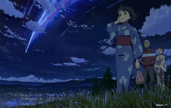 Anime picture 3204x2039 with kimi no na wa newtype miyamizu mitsuha teshigawara katsuhiko natori sayaka nishimura takayo highres short hair open mouth smile standing multiple girls absurdres cloud (clouds) outdoors traditional clothes japanese clothes wind night official art