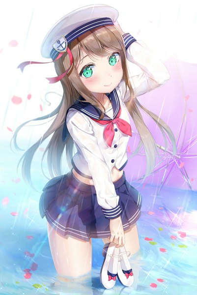 Anime picture 1491x2229 with original hachinatsu single long hair tall image looking at viewer blush smile brown hair standing holding green eyes long sleeves pleated skirt from above wind sunlight midriff depth of field partially submerged