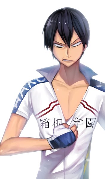 Anime picture 742x1263 with yowamushi pedal arakita yasutomo wadani hitonori single tall image fringe short hair black hair simple background hair between eyes white background looking away upper body grin partially open clothes angry boy gloves uniform fingerless gloves