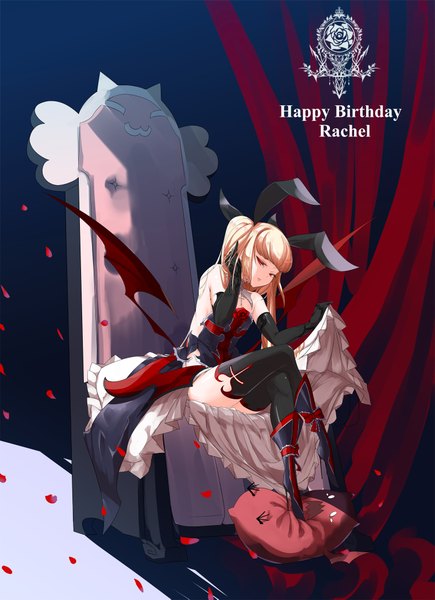 Anime picture 1514x2085 with blazblue rachel alucard gii rekise single long hair tall image blonde hair red eyes sitting loli girl thighhighs dress gloves ribbon (ribbons) black thighhighs hair ribbon petals wings