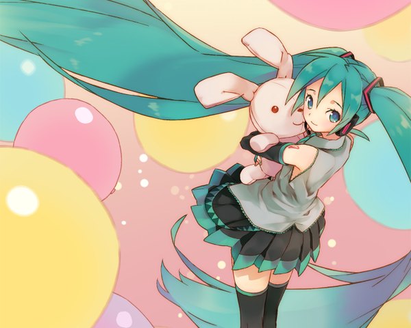 Anime picture 1280x1024 with vocaloid hatsune miku single looking at viewer blush blue eyes smile blue hair very long hair girl thighhighs skirt gloves necktie elbow gloves headphones toy stuffed animal balloon stuffed rabbit
