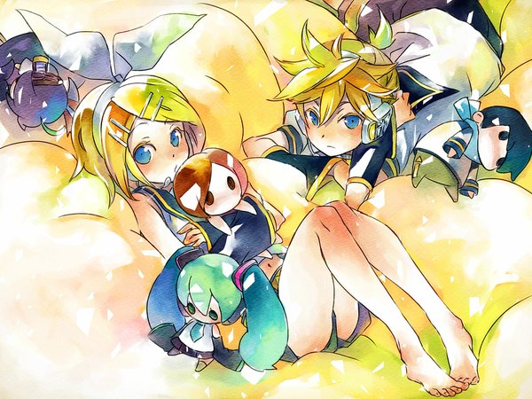 Anime picture 1152x864 with vocaloid hatsune miku kagamine rin kagamine len kaito (vocaloid) meiko kamui gakupo short hair blue eyes blonde hair ponytail barefoot twins girl headphones microphone doll (dolls) character doll