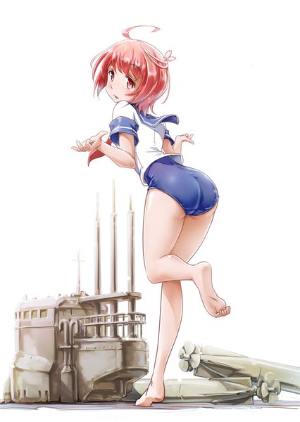 Anime picture 700x985 with kantai collection i-58 submarine mousoup single tall image looking at viewer blush fringe short hair open mouth light erotic simple background standing white background pink hair ahoge bent knee (knees) ass pink eyes looking back